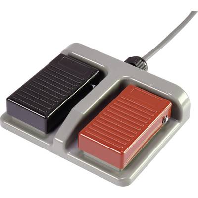 Foot switch with two pedals, one black and one red, mounted on a grey base. Used for operating electrical equipment.