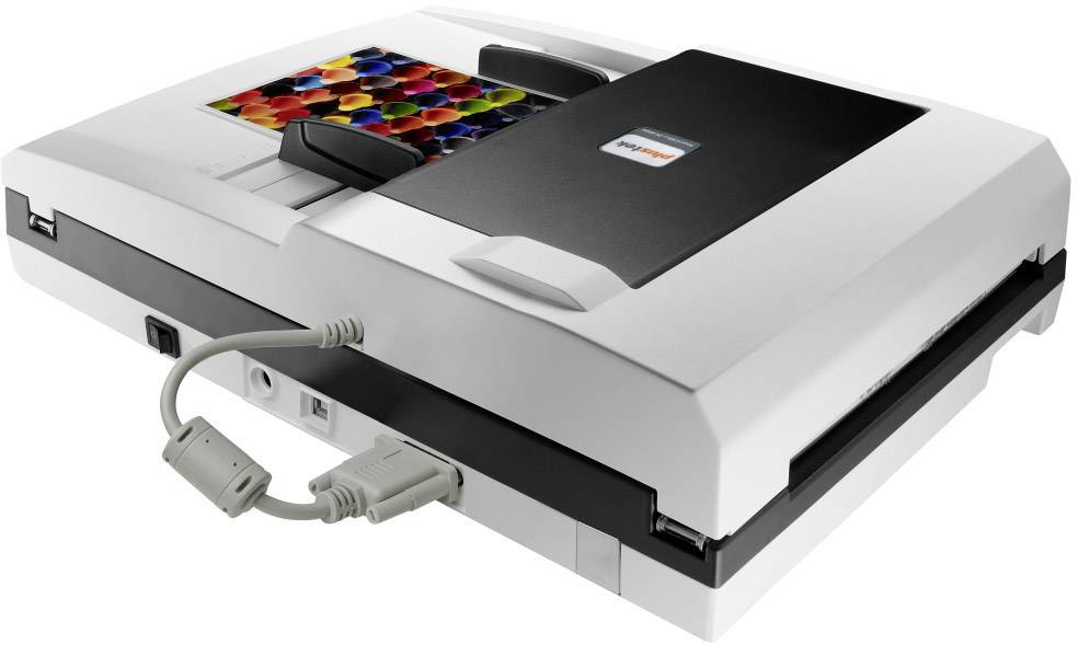 Flatbed scanner with the lid open, containing an image with colourful coloured pencils. Cable connected at the front. Device ready to scan.