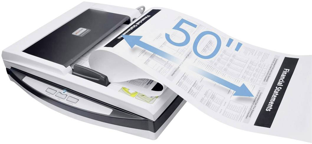 Flatbed scanner scans stacked financial documents. A large blue arrow with '50%' indicates improvements in efficiency.