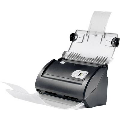 A black desktop document scanner with an open paper tray, ready to scan.