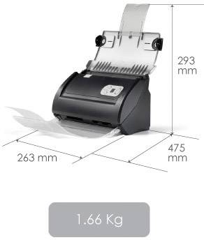 A document scanner with paper feed, dimensions: 293 mm height, 263 mm width, 475 mm depth, weight 1.66 kg.