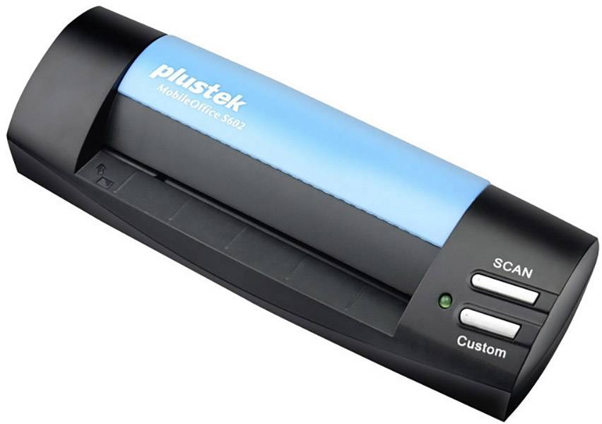 A portable scanner with a blue cover and black sides, featuring 'Scan' and 'Custom' buttons, suitable for mobile scanning.