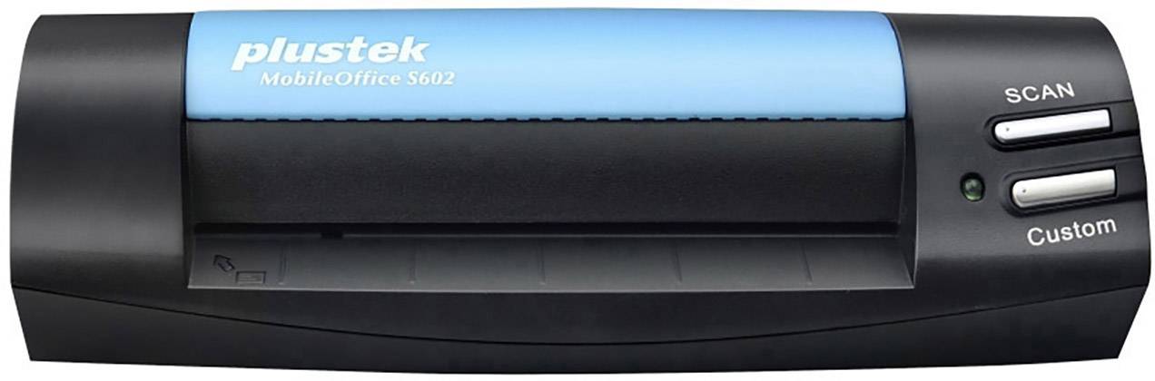 Black and blue mobile scanner 'Plustek MobileOffice S602' with two buttons: 'Scan' and 'Custom'.