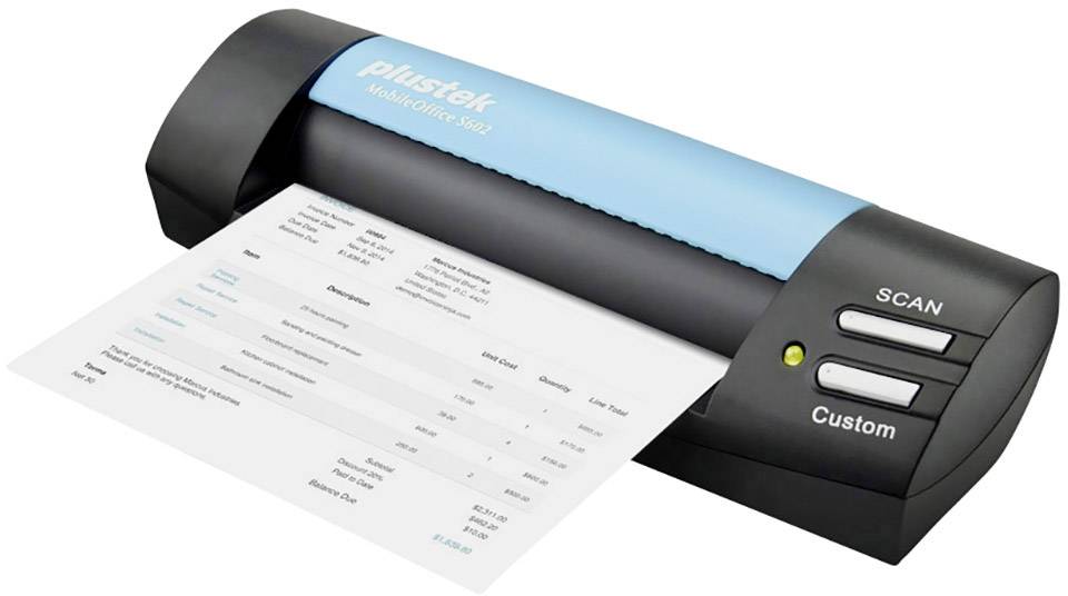A Plustek scanning device scans a document. The document contains a table with financial data and a total sum of £1,514.60.