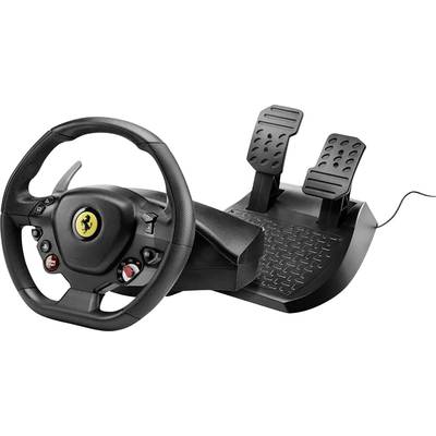 A black steering wheel and pedal set for racing simulators, with a yellow emblem in the centre of the steering wheel, against a grey background.