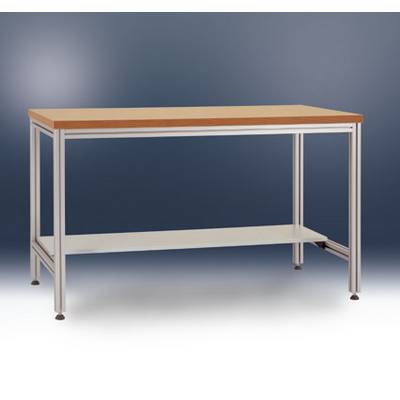 A rectangular table with metal legs and a wooden top. Underneath, there is a narrow shelf in a metallic finish.