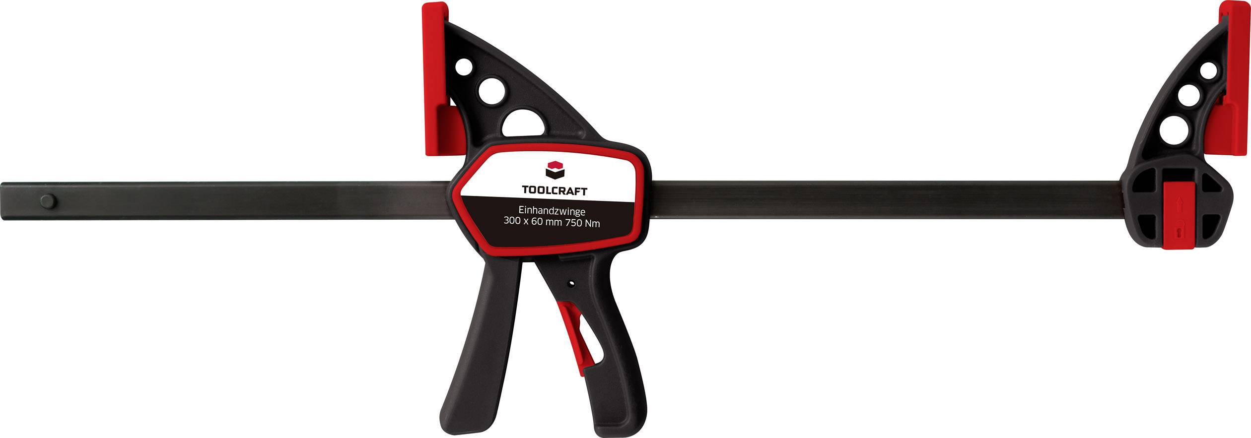 A black one-handed clamp with red accents, suitable for woodworking or craft projects, pictured against a white background.