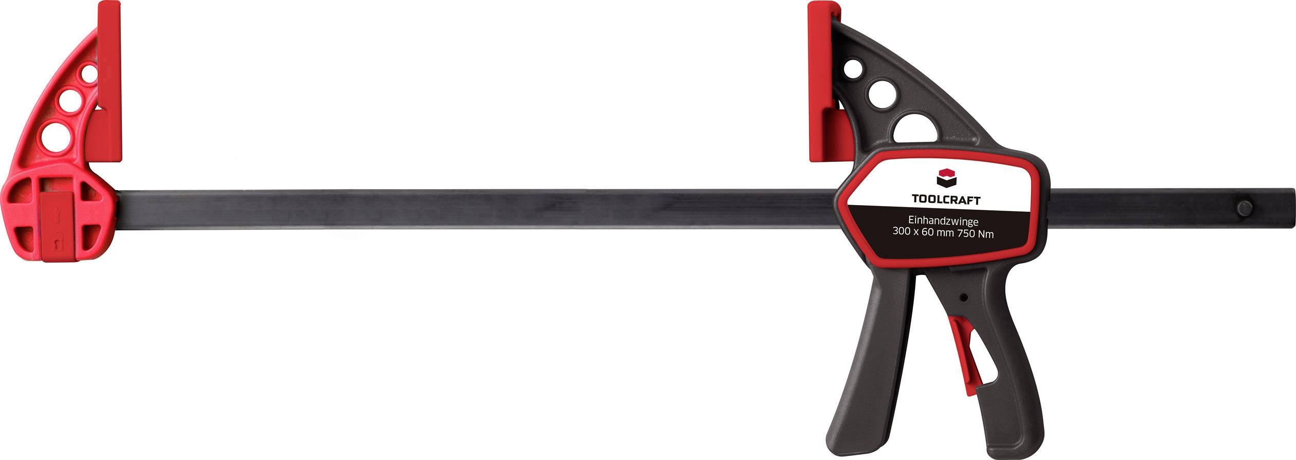A black G-clamp with a red handle and clamping mechanism by the brand "Toolcraft", length 300-700 mm.