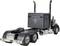 A black articulated lorry stands on a white background. No cargo or trailer is visible. Impressive exhaust pipes.