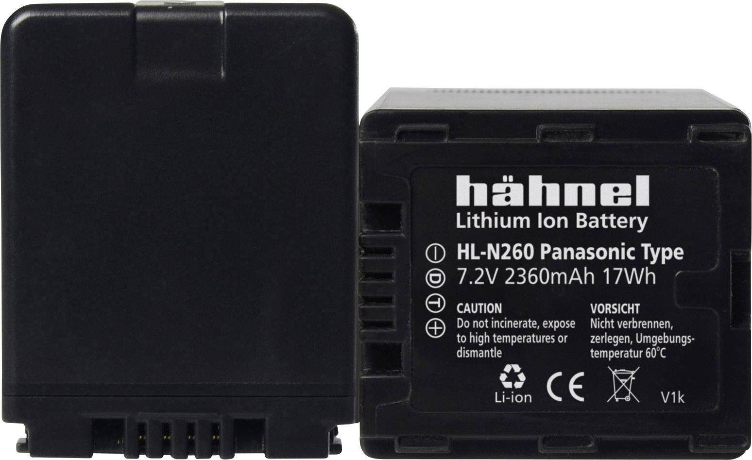 'Black Lithium-Ion Battery by Hähnel, Model HL-N260, Compatible with Panasonic, Capacity 2360mAh, Voltage 7.2V, 17Wh.'