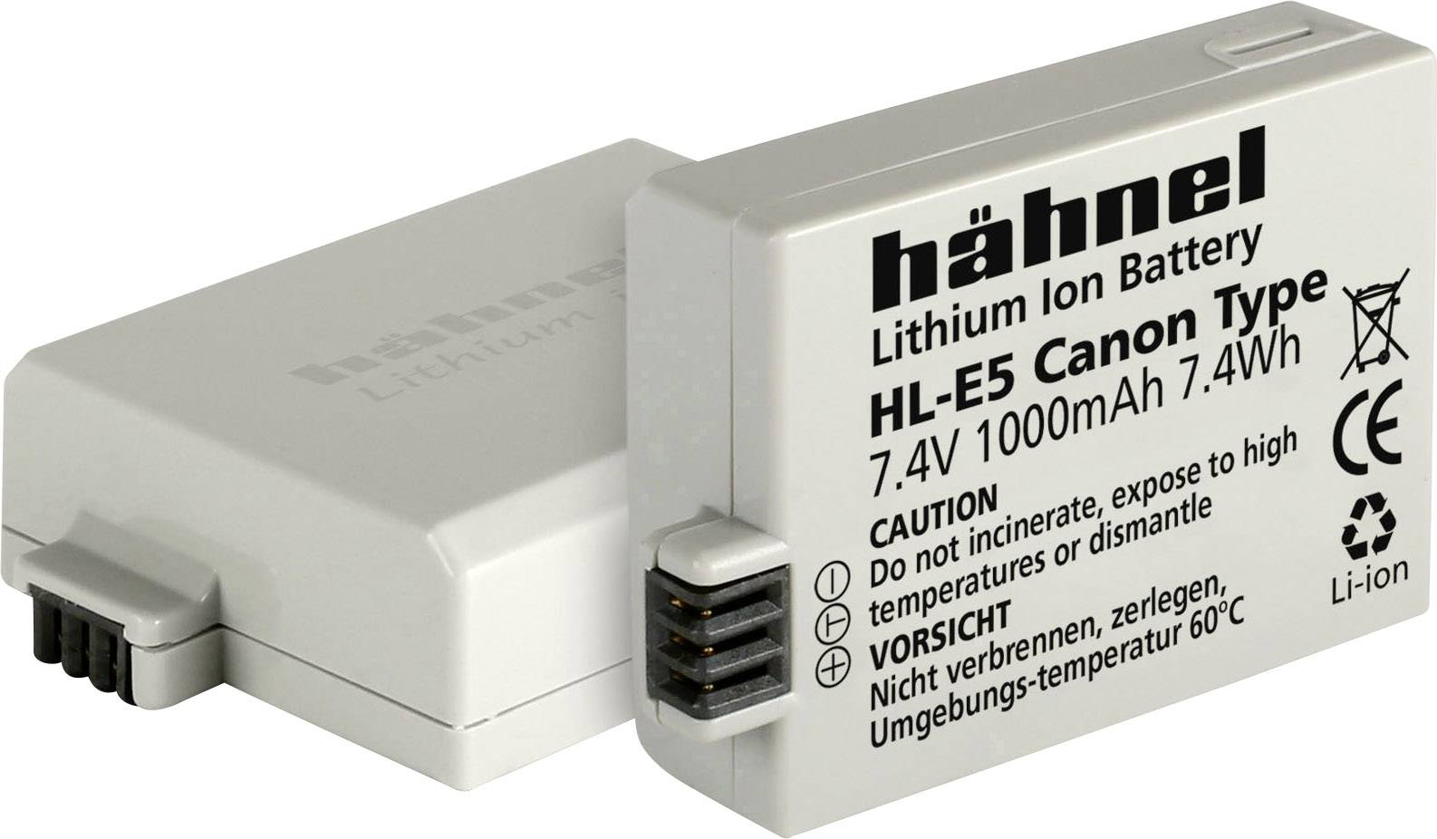 'Two Hähnel Lithium-Ion Batteries for Canon, Type HL-E5, 7.4V, 1000mAh, 7.4Wh.'