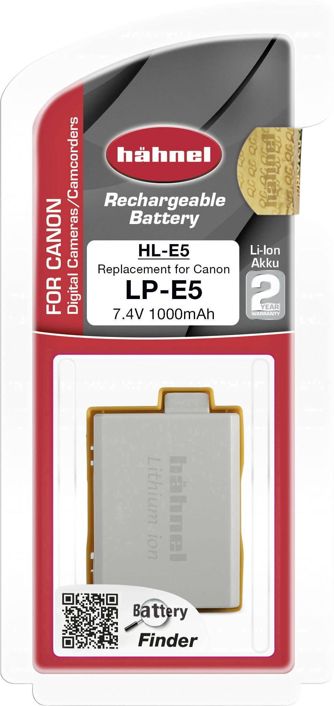 Hähnel rechargeable lithium-ion battery, model HL-E5, replacement for Canon LP-E5, voltage 7.4V, capacity 1000mAh.