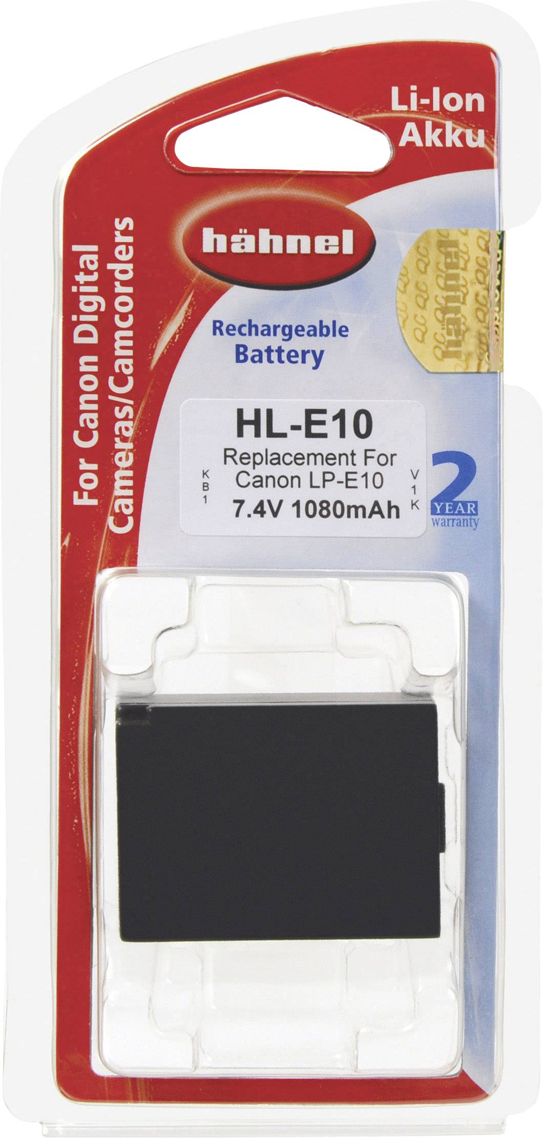 Hähnel rechargeable battery HL-E10, compatible with Canon LP-E10, 7.4V 1080mAh, packaged in red and white with brand name visible.