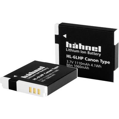 'Two hähnel lithium-ion batteries for Canon, Model HL-6LHP, 3.7V 1110mAh 4.1Wh, minimum capacity 1060mAh.'