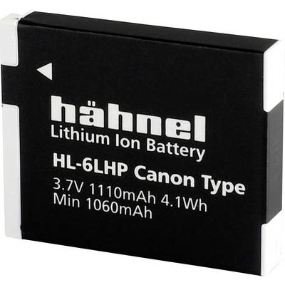 Black lithium-ion battery with the inscription 'hähnel HL-6LHP Canon Type', capacity 1110mAh, 3.7V, 4.1Wh.