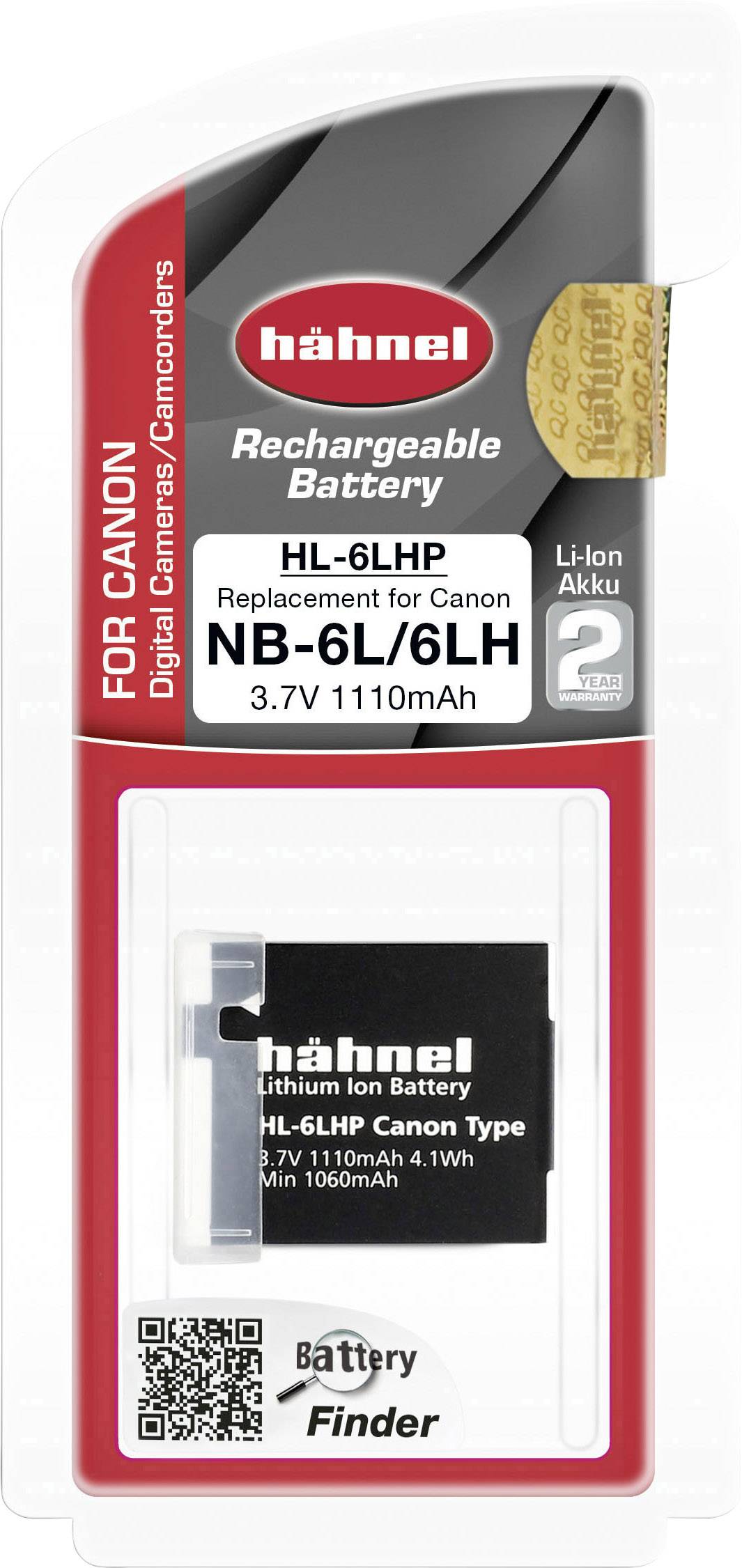Rechargeable Lithium-Ion Battery Hähnel HL-6LHP, Replacement for Canon NB-6L/6LH, 3.7V, 1110mAh, for Canon Cameras. Packaged Battery.