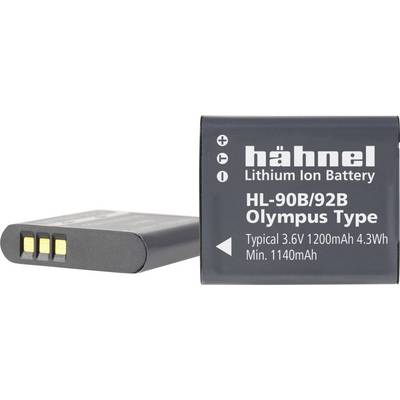 A Hähnel lithium-ion battery, model HL-90B/92B, for Olympus cameras, 3.6V, 1200mAh, 4.3Wh, with three contacts.