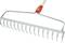 Garden rake with metal tines and a red handle, used for raking leaves or soil in the garden.