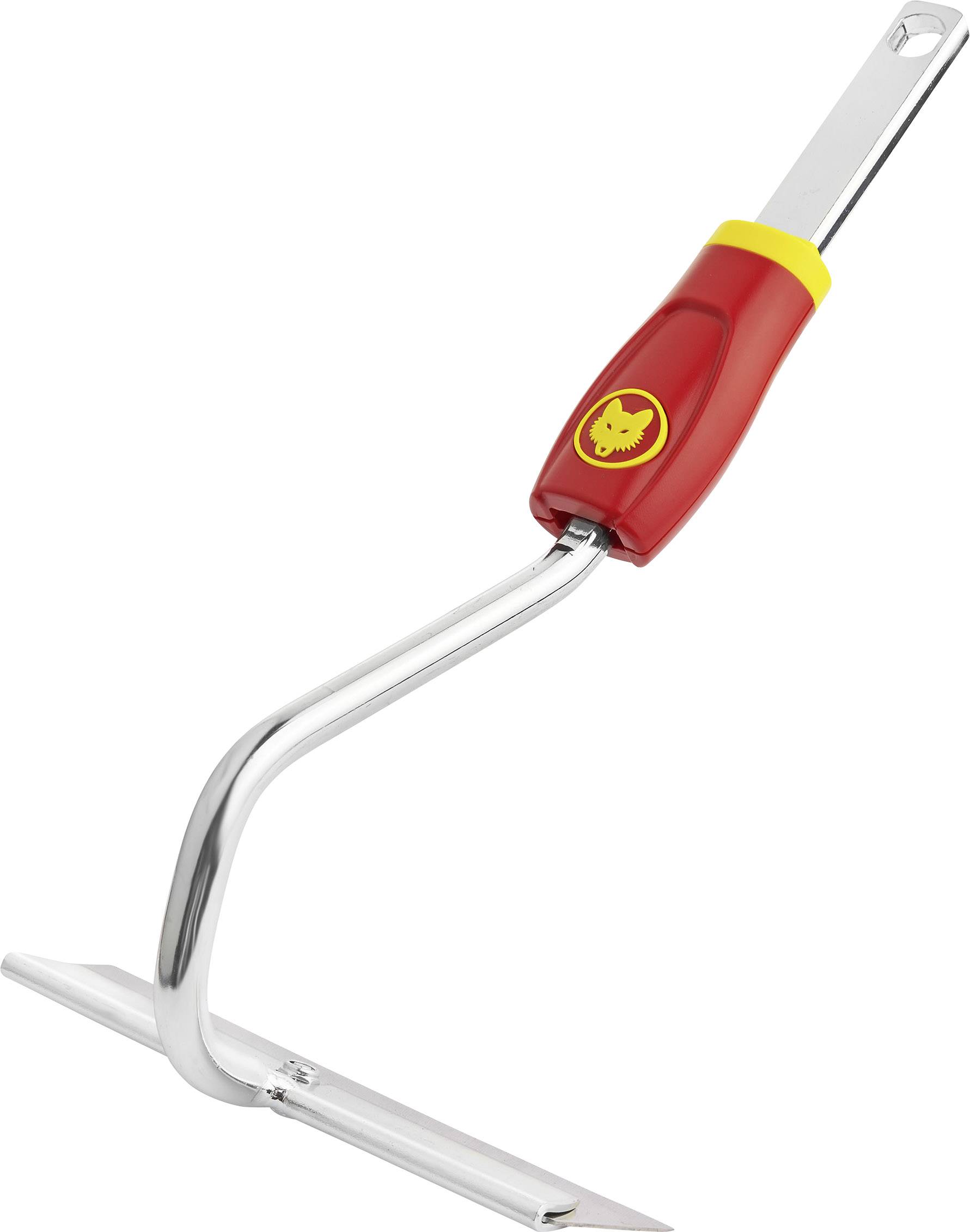 A red weeding hoe with a metal handle and yellow logo, suitable for garden maintenance.