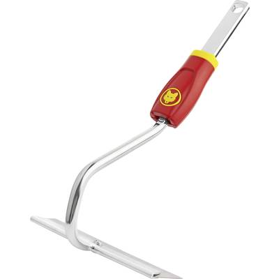A red weeding hoe with a metal handle and yellow logo, suitable for garden maintenance.
