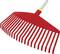 A red garden rake with a yellow detail on the handle, wide and made of plastic. Ideal for raking leaves and garden waste.