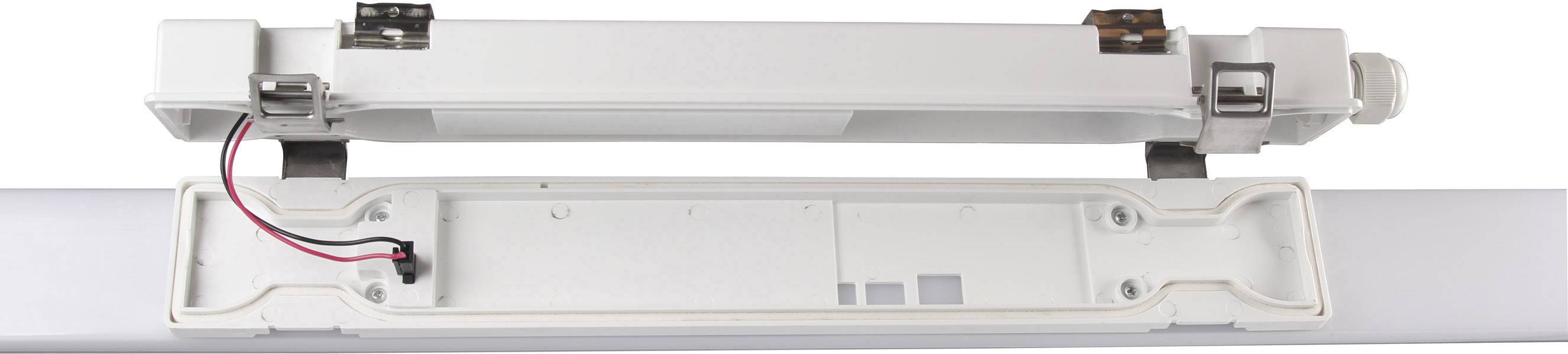 An opened mounting bracket of an LED light reveals the internal structure with cables and fixtures for an electrical assembly.