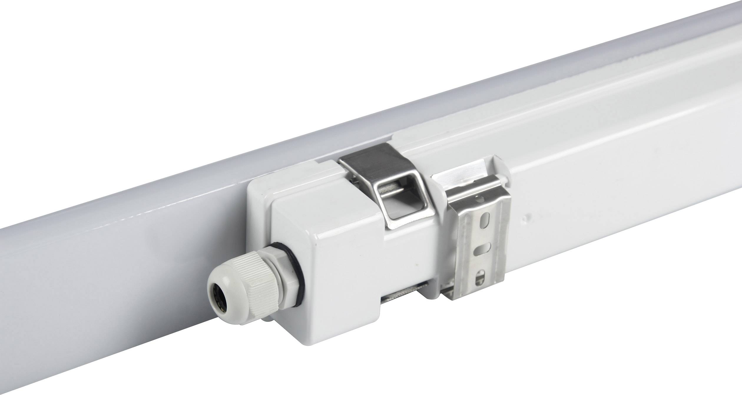 A rectangular, white electrical enclosure with a metal clip and cable gland; part of a technical device.