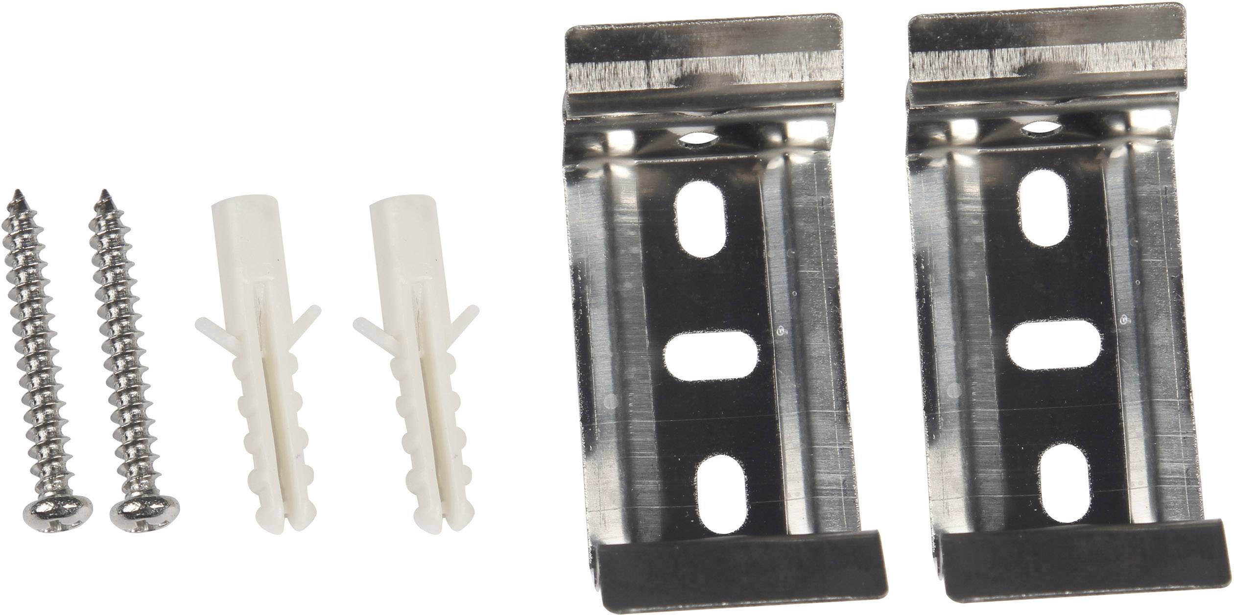 Metal clips and screws with wall plugs, presumably as fixing material for shelves or frames. Two clips, two screws, two wall plugs.