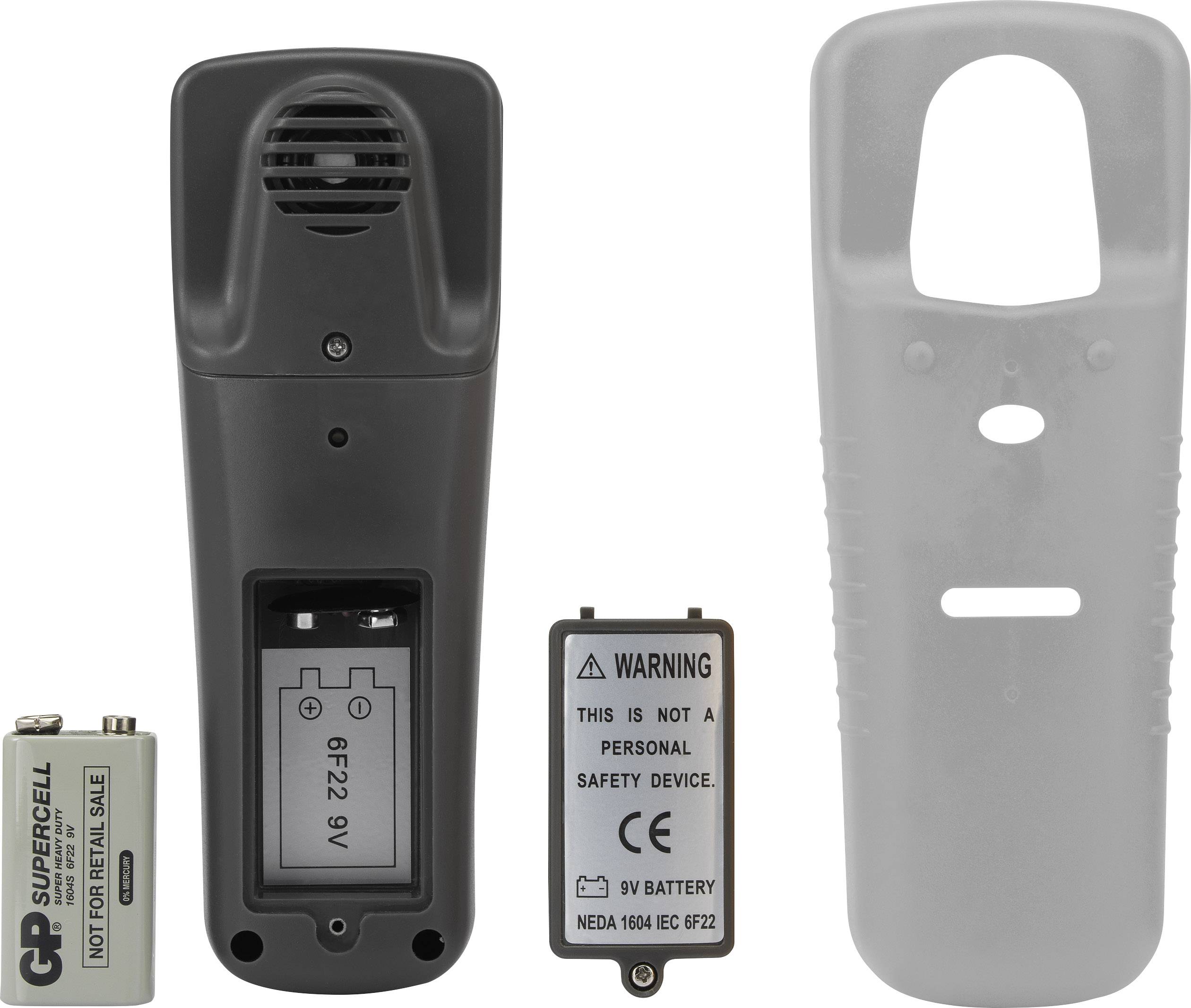 A black electric device with a removable back cover and battery compartment, next to a 9V battery and a grey case.