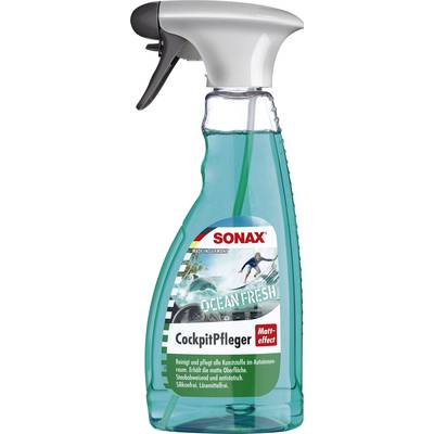 Spray Bottle 'SONAX Dashboard Care' Ocean Fresh Fragrance, for Plastic Care in Cars, Matt Finish, 500 ml, Printed with Wave Design.