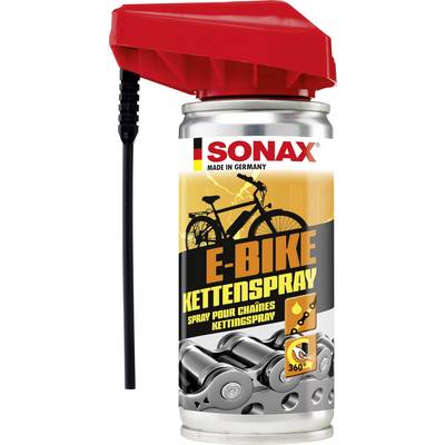 Spray can with a red cap, labelled 'E-Bike Chain Spray'. Contains an image of a bicycle and a chain, suitable for bicycle chains.