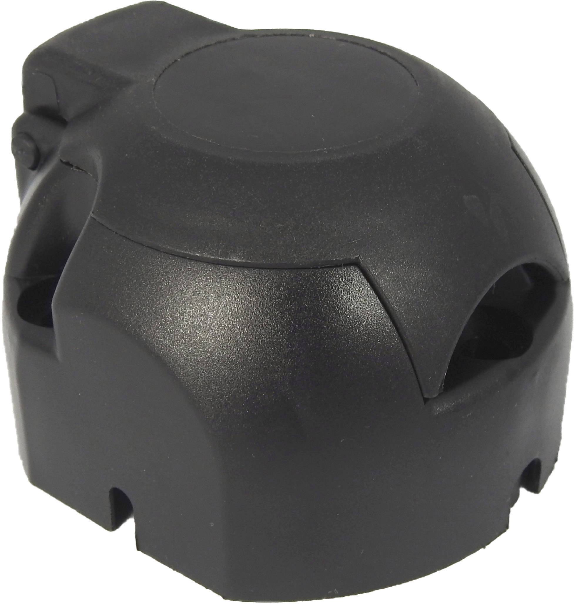 Black, rounded plastic component with multiple openings, potentially used as a protective cover or housing for a device.