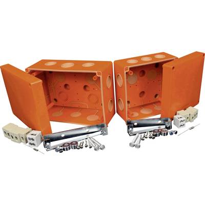 Electrical junction boxes, orange, open with accessories such as screws and terminals, for installations or wiring.