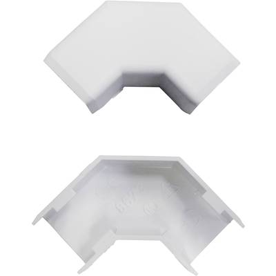 Two white plastic corner connectors used for mounting cable conduits are shown. The top one displays the outer side, the bottom one the inner side.