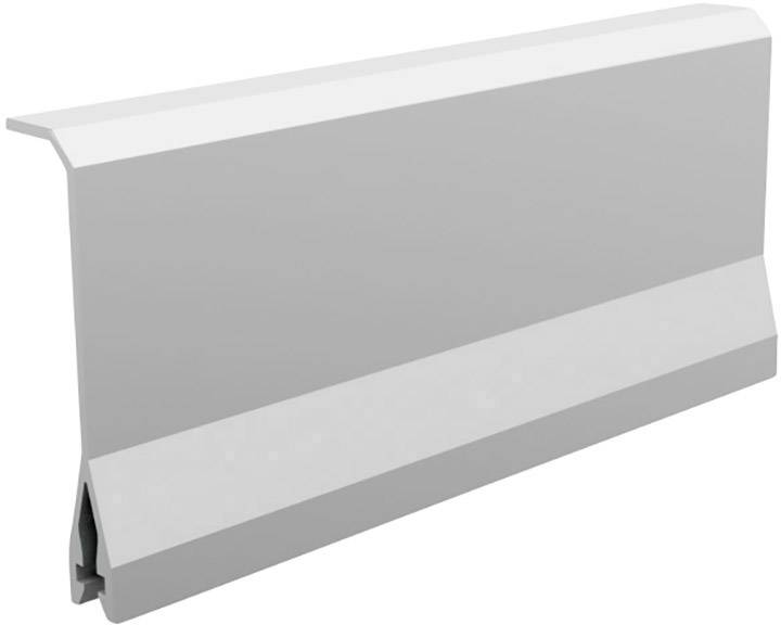 The image shows a white, rectangular plastic profile with a bevelled edge, commonly used as a cover strip in construction projects.