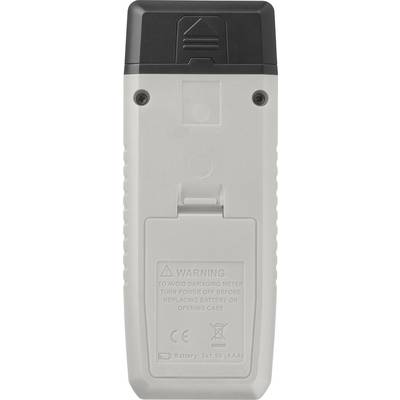 The back of a portable device with battery compartment and safety warning: 'Switch off power before changing batteries or opening the casing.'
