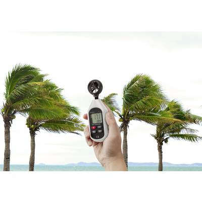 A hand holds an anemometer in front of palm trees bending in strong wind. The device shows a wind speed of 7.7 m/s.