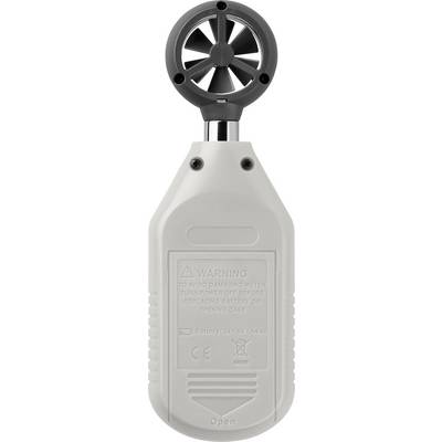 A white, hand-held anemometer with a propeller on top. Warning notices and a battery compartment are located on the back.