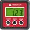 Digital angle gauge by Toolcraft with green display, showing '1.23°'. Functions: On/Off, mode change, value hold.
