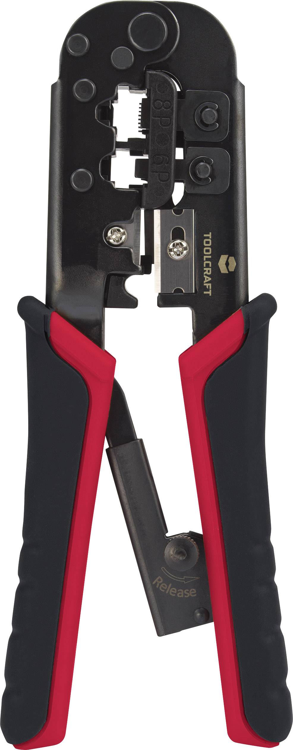 Cable crimping pliers with red and black handle, suitable for stripping and cutting cables. Brand name visible.