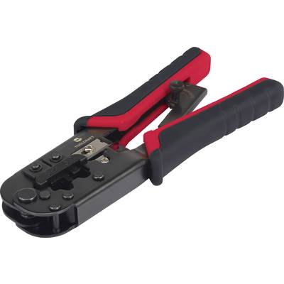 A crimping pliers with black and red handles used for crimping cables. It has multiple metal openings for different cable types.
