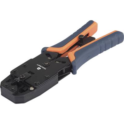 A black crimping pliers with blue and orange handles, used for attaching network cable connectors.