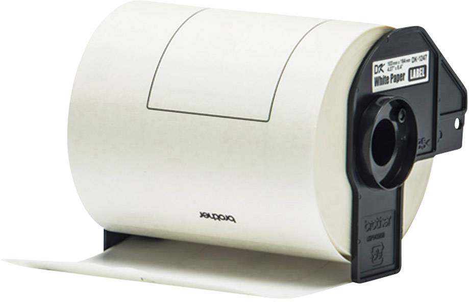 A roll of white label paper, suitable for printers, with a black plastic holder.