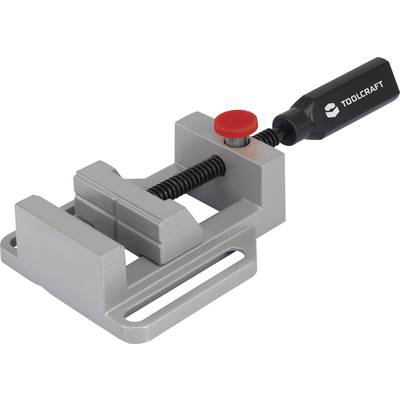 A vice with a black handle and red push button on a grey metal body, suitable for holding workpieces.