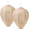 Two oval paper lanterns in a light beige colour, hung on hooks. They have a textured surface and are decorative.