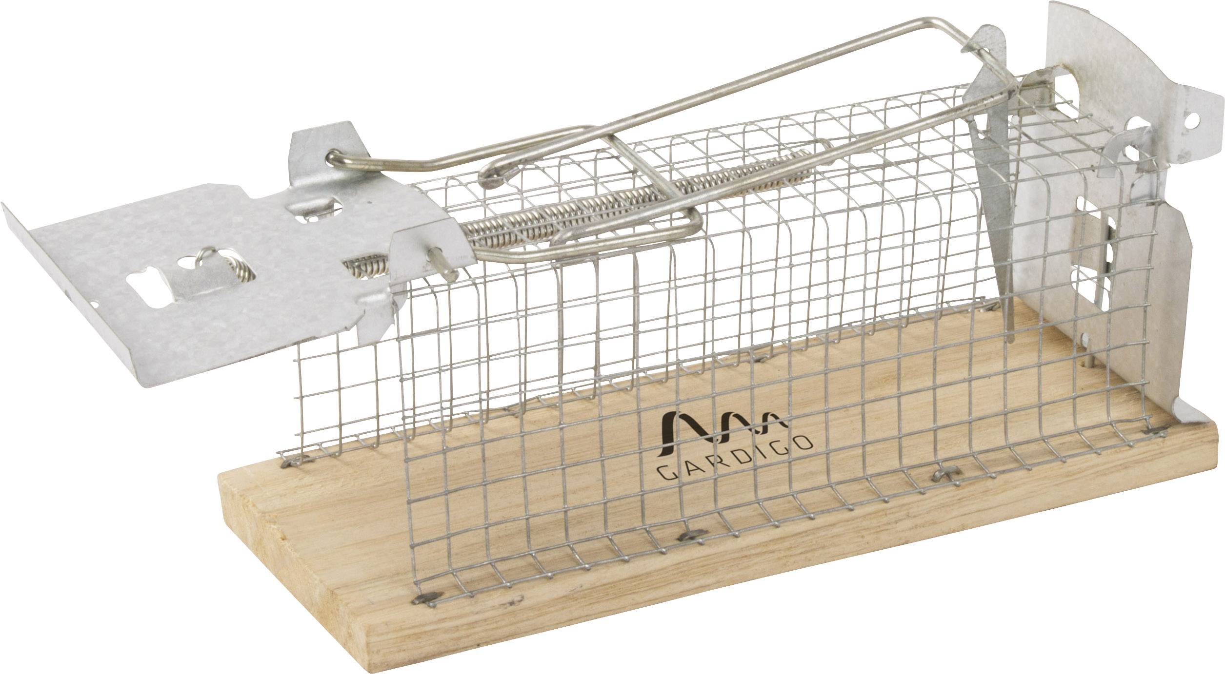 Metal mouse trap with wooden base, spring-operated mechanism, and wire cage.