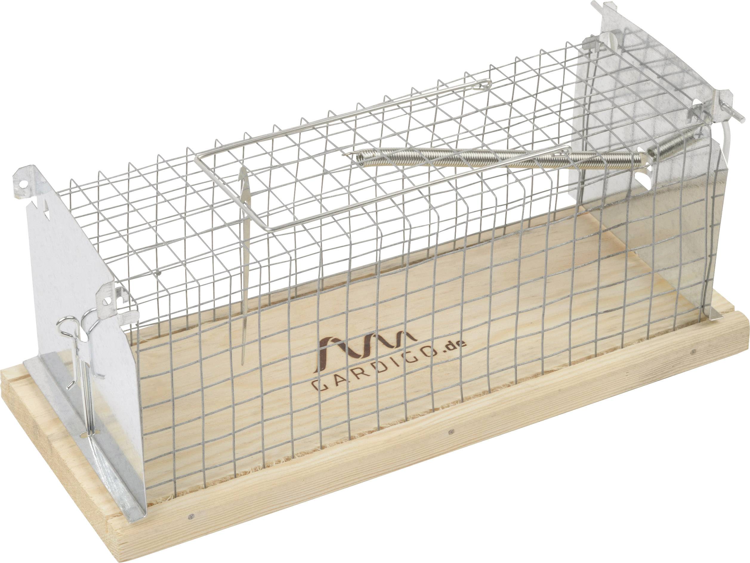 Metal mouse trap with wooden base and wire mesh structure, suitable for catching small animals. Includes a lever mechanism.