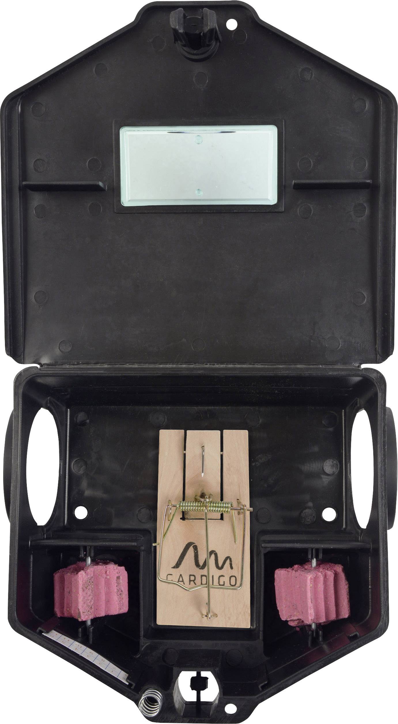 A black bait box with a wooden mousetrap in the centre. Red bait blocks are positioned on the left and right sides.