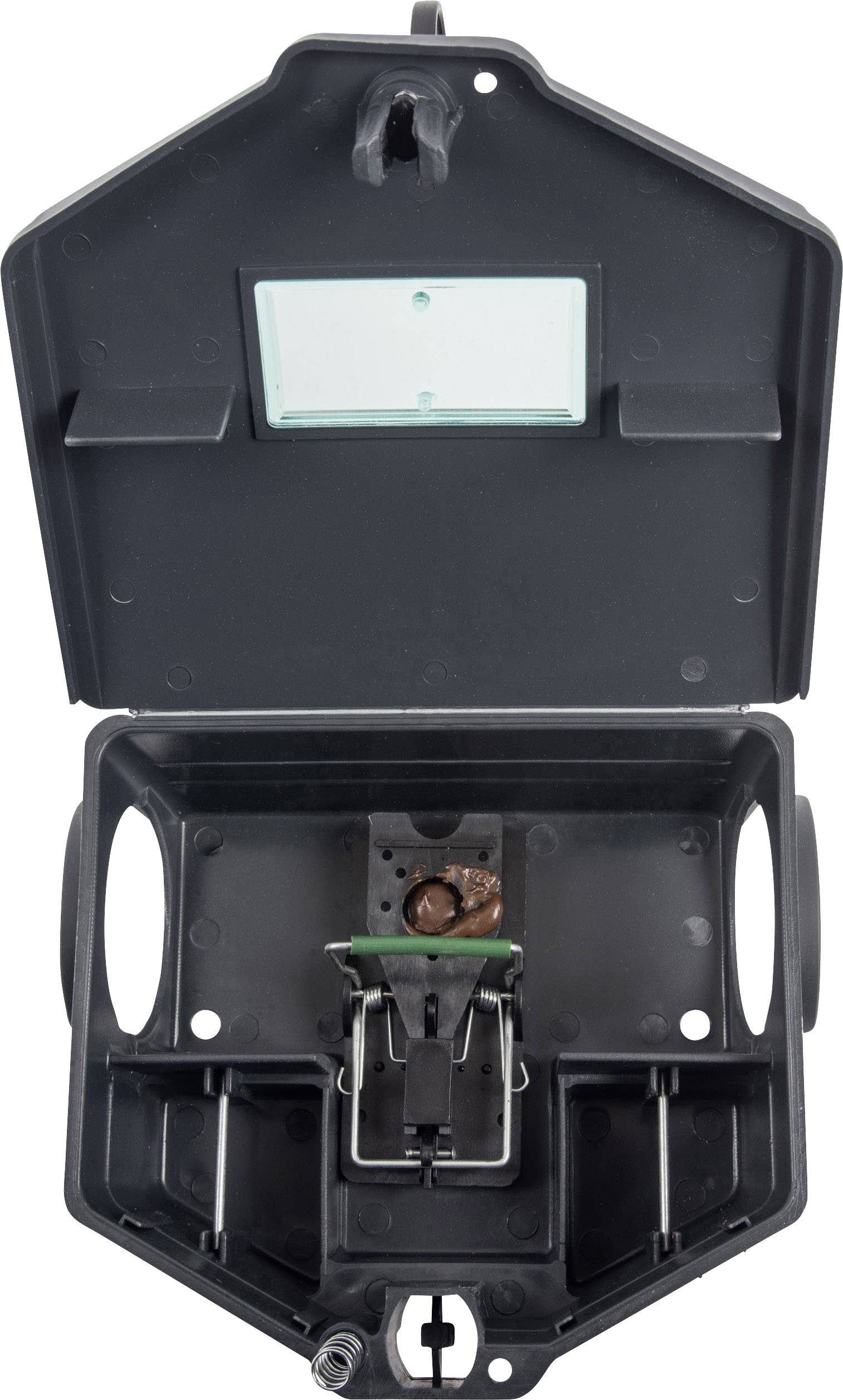 An open black mousetrap with a bait mechanism inside, ready for use.
