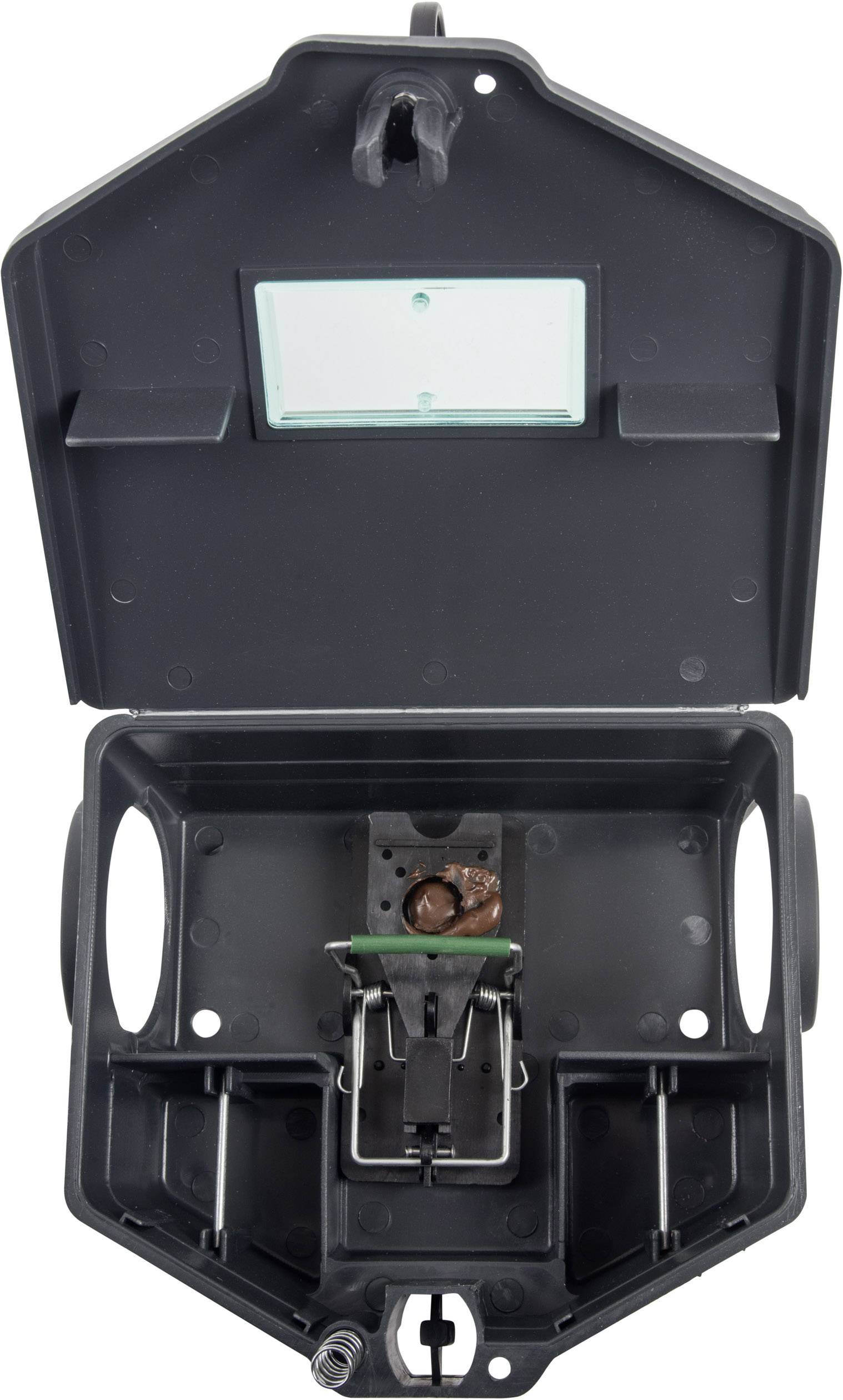 An open black mousetrap with a clearly visible catching mechanism and bait holder in the centre.